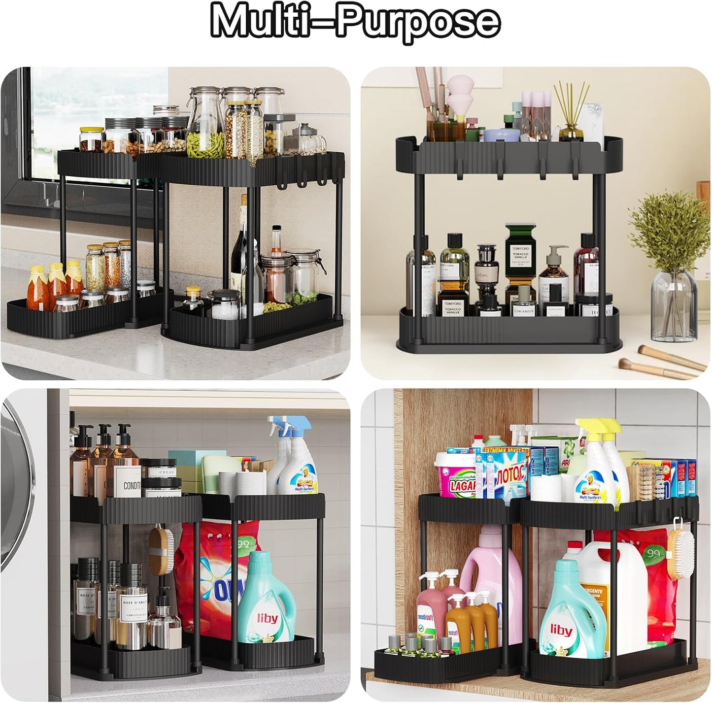 Multi-Functional Pull-Out Storage Organizers for Under Sink and Cabinet Use, Suitable for Bathroom and Kitchen, Black, 12.8 Inches, Set of 2