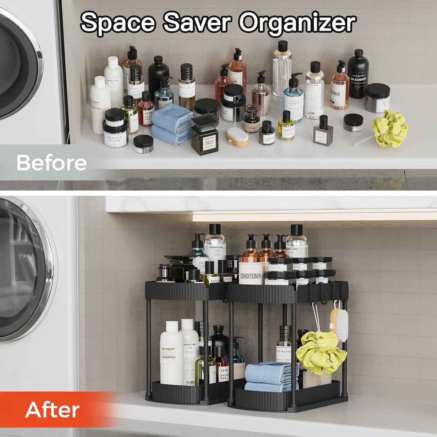 Multi-Functional Pull-Out Storage Organizers for Under Sink and Cabinet Use, Suitable for Bathroom and Kitchen, Black, 12.8 Inches, Set of 2