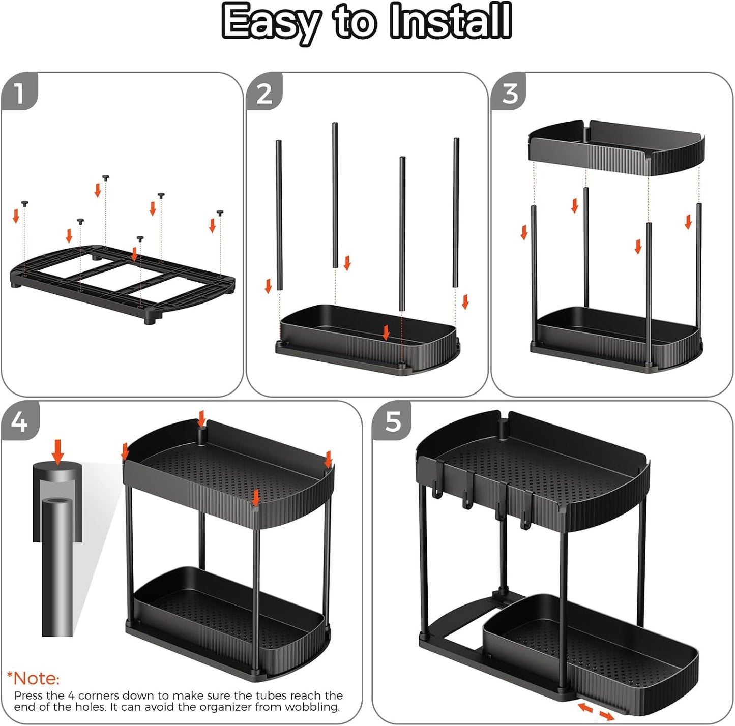 Multi-Functional Pull-Out Storage Organizers for Under Sink and Cabinet Use, Suitable for Bathroom and Kitchen, Black, 12.8 Inches, Set of 2