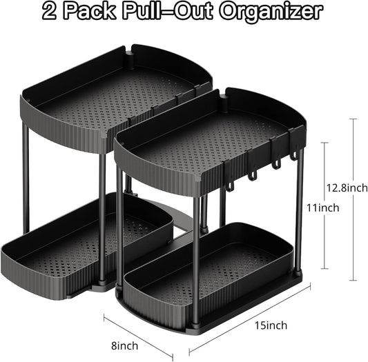 Multi-Functional Pull-Out Storage Organizers for Under Sink and Cabinet Use, Suitable for Bathroom and Kitchen, Black, 12.8 Inches, Set of 2