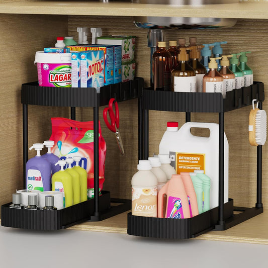 Multi-Functional Pull-Out Storage Organizers for Under Sink and Cabinet Use, Suitable for Bathroom and Kitchen, Black, 12.8 Inches, Set of 2